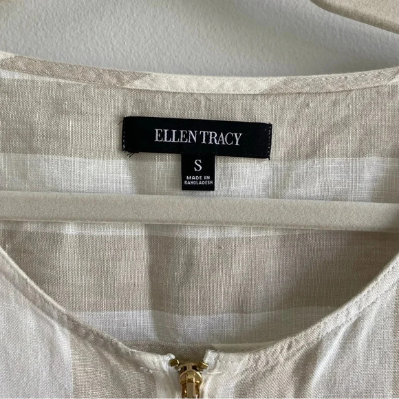 100% LINEN Ellen Tracy Striped Coastal Grandma Neutral Long Tunic Top Size S - Picture 7 of 14